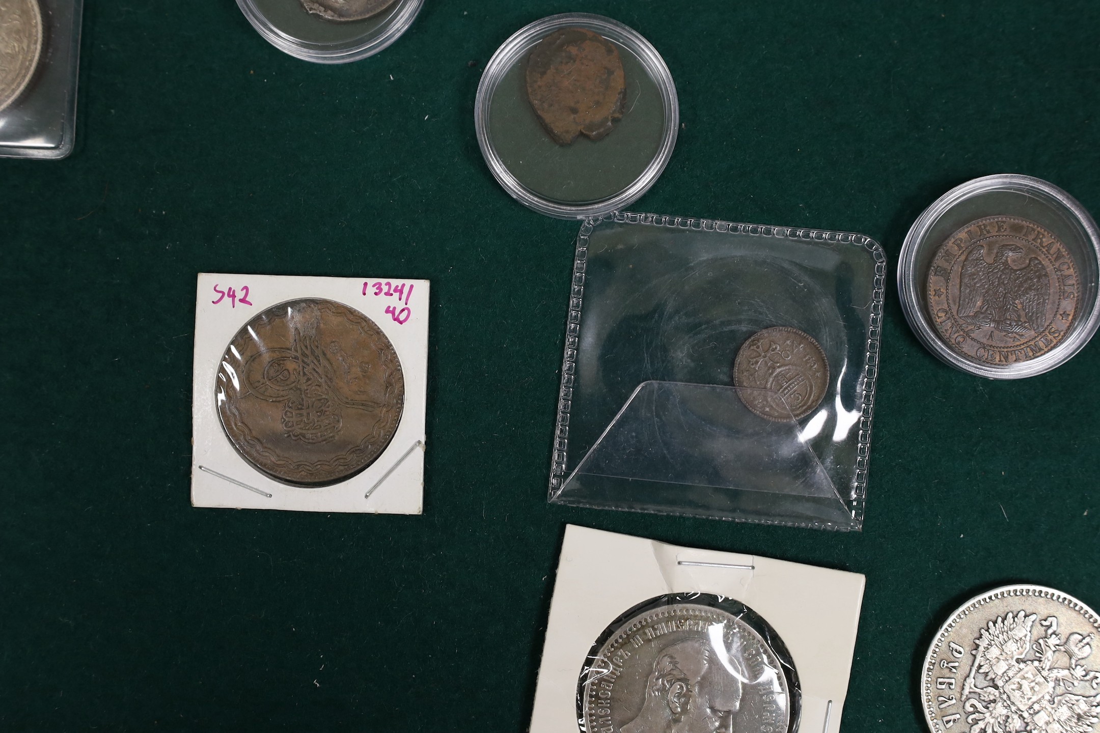 World coins - British-India, George V, 1 Rupee, (1911) Pig elephant, UNC, two U.S. one cent planchet die errors, U.S. quarter dollar 1932, Russia 1 rouble 1894, near VF, a Tectosages AR cross coin, European medieval coin